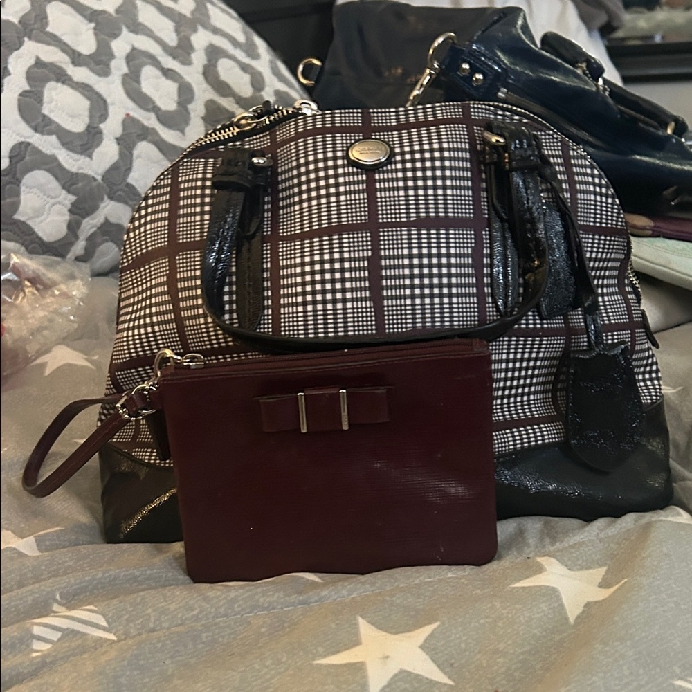 Coach Black and White Plaid Satchel with Burgundy Pouch